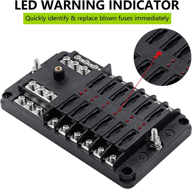 femedo 12 Way Fuse Block W/Negative Bus - ATC/ATO 12 Circuit Fuse Box with Ground, with Negative Bus & Protection Cover, Bolt Connect Terminals, 70 pcs Stick Label, for 12V/24V Vehicle Car Boat Marine Auto - Image 4